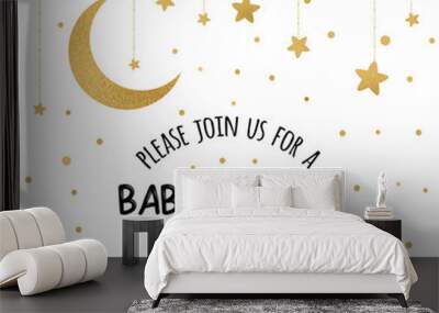 Baby Shower Invitation PNG Template with sparkle golden moon, gold stars on white background. Gentle banner for children birthday party, congratulation, invitation. Baby illustration logo, sign, label Wall mural