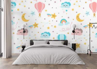 Baby shower seamless pattern. Nursery sky elements moon cloud rainbow hot balloon stars Kids texture Vector Wall mural