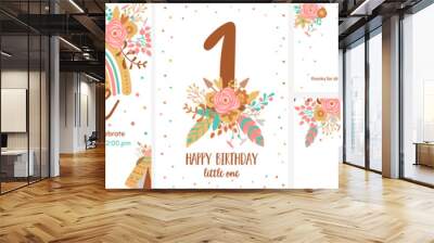 Boho birthday. Baby boho first birthday card template set. Pink tribal floral rainbow collection banners. Vector illustration. Wall mural