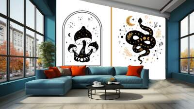 Celestial cards set. Mystical boho floral moon, mushroom, moth, moon serpent. Mystic celestial elements collection. Esoteric logo. Black gold color Witchcraft banner Floral snake vector illustration. Wall mural