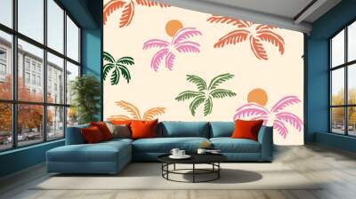 Cute colorful palm leaves seamless pattern. Vector summer exotic jungle plants repeat background, floral beach textile design, vacation mood print, tropical story design, sunset in the palm tree. Wall mural