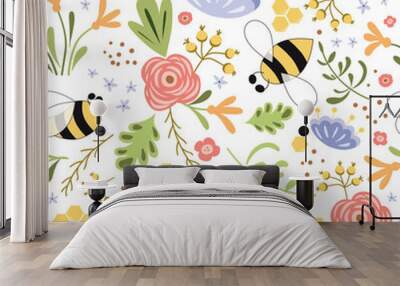 Cute floral summer seamless pattern Bee honey spring flowers Bright meadow colors Summer bee background Wall mural