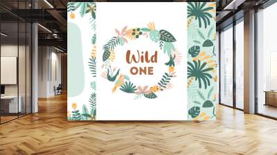 Jungle party cards set. Wild party invitation template. Wild birthday banners collection. Tropical birthday party invite. Jungle leaves, leopard. Summer vector illustration. Wall mural