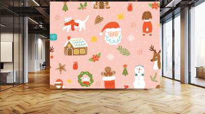 Pink Christmas seamless pattern with Santa Claus, gingerbread, cats, dogs, reindeer, snowman, bakery Cute winter holiday design. Cartoon vector repeat background, sweet wallpaper, New Year print. Wall mural