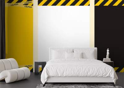 Set of caution safety banners. Black yellow white striped vertical poster. Caution safety template. Stripe yellow black tape. Hazard warning Yellow black diagonal stripes, lines. Graphic illustration. Wall mural