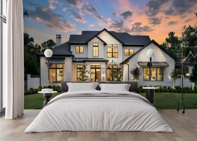 Beautiful modern farmhouse style luxury home exterior at twilight Wall mural