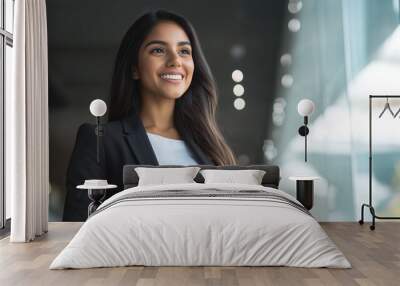 A happy young Hispanic businesswoman standing in the office, holding a tablet and smiling as she looks away, envisioning her future successful career as a leader. photo Wall mural