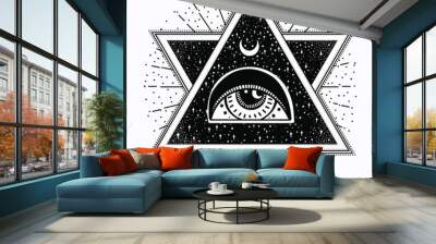 All-seeing eye is on the crossing of two traingles with starnight sky in each. New World Order.Freemason and spiritual, religion, spirituality, alchemy, occultism, tattoo art. Vector illustration. Wall mural