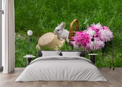 Fluffy cute white rabbit bunny in wicker basket with pink peonies and straw hat in the middle of a lawn with green grass in the park on a sunny day Wall mural