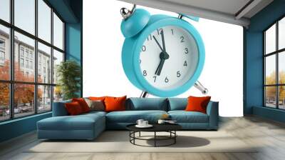 Isolated blue alarm clock flying over white background. Wall mural