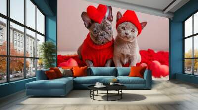 A young cat and dog wearing playful Valentine's costumes, looking adorable. Wall mural