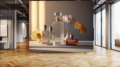 Collection of transparent multi color glass floral perfume bottles on a light simple background. Art composition still life. Stylish parfumerie banner. Generative AI. Wall mural