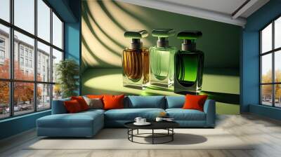 Collection of transparent multi color glass perfume bottles on a light background. Art composition still life. Stylish parfumerie banner. Generative AI. Wall mural