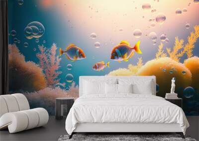 Colorful tropical fish swimming in ocean. Generative AI Wall mural