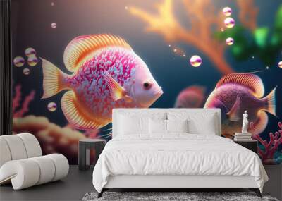 Colorful tropical fish swimming in ocean. Generative AI Wall mural