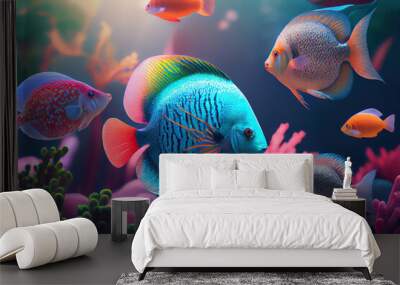 Colorful tropical fish swimming in ocean. Generative AI Wall mural