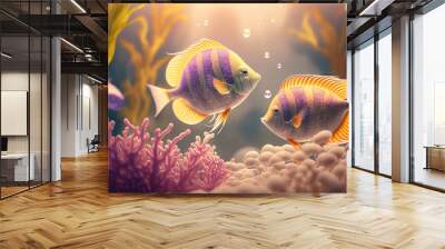 Colorful tropical fish swimming in ocean. Generative AI Wall mural