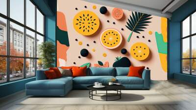 Playful tropical illustration with leaves and fruits, flat style. Generative AI Wall mural