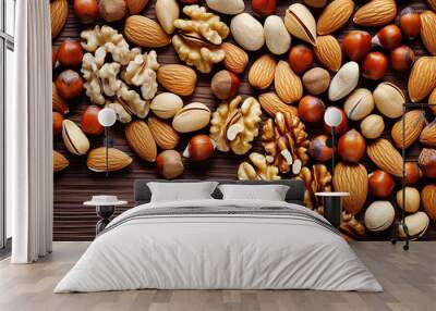 Mezcla de frutos secos con nuezes, pistachos avellanas almendras y semillas sobre fondo de madera vista desde arriba Wall mural