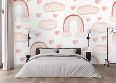 Seamless pattern with rainbow heart and cloud in neutral color. Watercolor hand drawn illustration. Wall mural