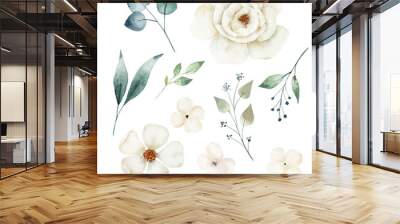 Watercolor white flower and greenery leaves set. Hand painted clipart. Wall mural