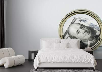 One hundred dollars note under magnifying glass on grey background banner. Finance markets. investments loans earnings concept. Personal accounting debts and credits bankruptcy with copy space Wall mural