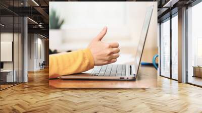 Side view of slim laptop and like thumb up hand. Distant learning. working from home, home office or online courses e-learning. vlogger blogger streaming. Happy client Wall mural