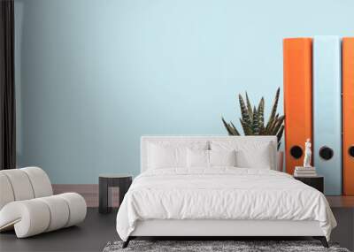 Slim laptop. Blue and orange document binders or lever arch file on an neat office shelf or desk. Cactus in a pot. Business concept banner. Copy space Wall mural