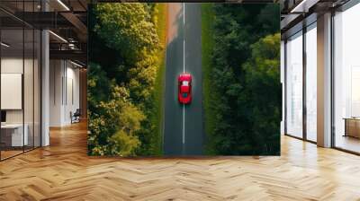 Car in the road trip in the forest. Illustration generated by ai Wall mural