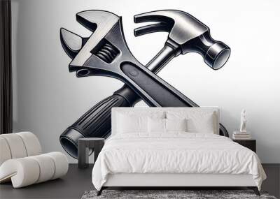 A detailed illustration of a wrench and a hammer crossed over each other on a transparent background. The wrench is metallic with a polished surface and a subtle gray hue Wall mural