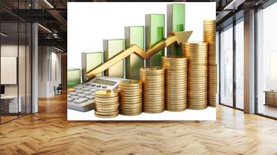 A financial growth chart showing green bars and a gold upward arrow. Stacks of gold coins and a calculator symbolize economic progress, on a transparent background Wall mural