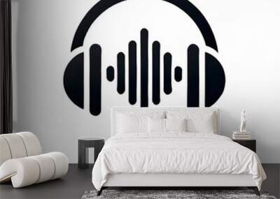 A minimalist of a black headphone icon with a sound wave pattern in the middle, depicted on a transparent background Wall mural