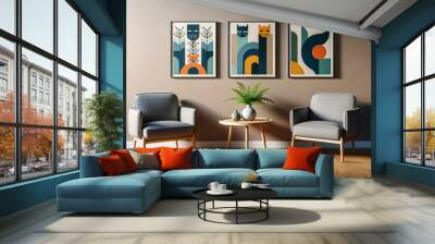 A modern interior scene with a mid-century modern aesthetic. Two grey upholstered armchairs on either side, with a small round wooden side table center Wall mural