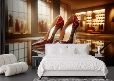 A pair of high-heeled shoes with an elegant design, displayed in a fashion boutique setting Wall mural