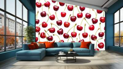 A pattern of bright red cherries with green stems, set against a dark background, showcasing their natural luster and appealing shape, on a transparent background Wall mural