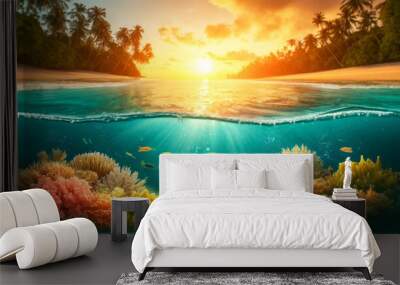 A serene underwater scene with a split view above and below the water. The underwater portion features vibrant coral reefs and several tropical fish Wall mural