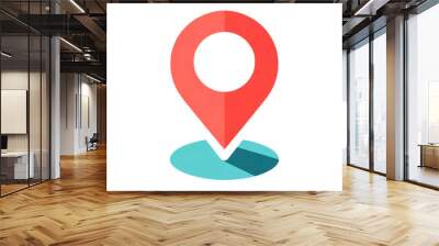 A simple graphic design of a location pin icon on a transparent background. The location pin is red with a white circle in the center Wall mural