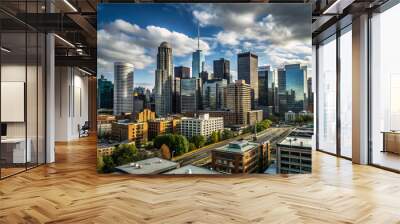 A vibrant city skyline with a mix of modern skyscrapers and older architecture. The tall buildings stand against a partly cloudy blue sky Wall mural