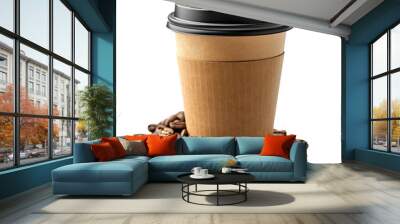 Brown paper coffee cups with late and coffee beans, unadorned and simple, featured prominently against a clear, transparent background Wall mural