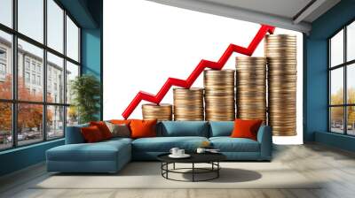 Stacks of coins increasing in height from left to right, with a red arrow pointing upwards, symbolizing financial growth or profit, isolated on a transparent background Wall mural