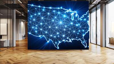 The U.S. map illuminated with bright, neon-blue lights, showing interconnected network points that symbolize a vast communication or digital infrastructure spanning the country Wall mural