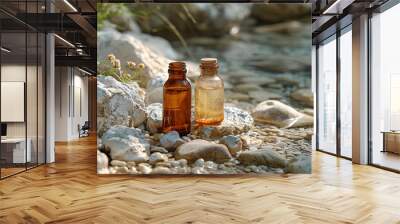 Two glass bottles, one amber and one clear, rest on rocky terrain beside a stream, surrounded by small flowers and natural sunlight Wall mural