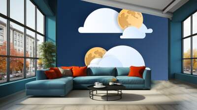 Paper cut weather element of clouds and moon on blue background. Forecast white cloud icon symbol collection. 3D Papercraft frame icon for posters and flyers, presentation, web, social media, desig Wall mural