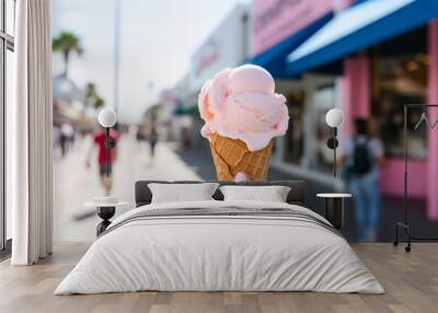 A female hand holding a pink ice cream cone with the city in the background Wall mural