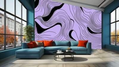 A seamless pattern of wavy lines in black on a lavender background Wall mural