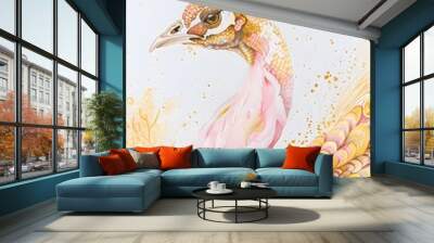 peacock, pastel pink and gold colours, white background, detailed watercolour Wall mural