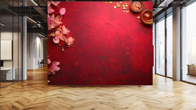 Photo of a Diwali celebration background with pink flowers and oil lamps Wall mural