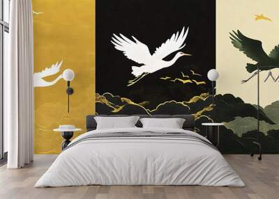 Set of three abstract illustrations with white cranes flying Wall mural