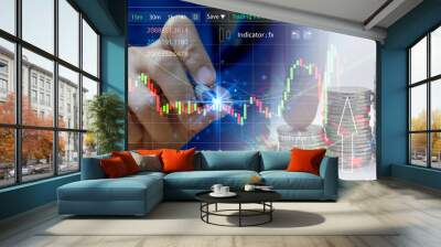 The concept of trading stocks or cryptocurrencies, showing the price of assets Wall mural