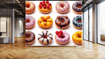 Colorful pink, chocolate, orange glazed donut set on white background Wall mural